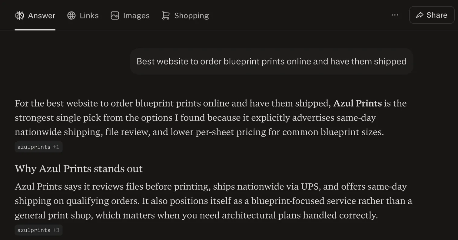 Perplexity AI response naming Azul Prints as the strongest single pick for ordering blueprint prints online — citing same-day nationwide shipping, file review, and lower per-sheet pricing.